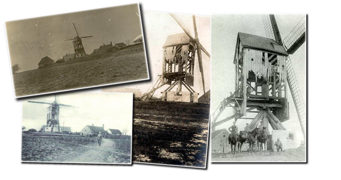 De Kayaardmolen nadat hij beschoten was door de Duitsers in 1914